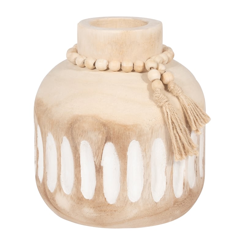 Sagebrook Home Wood, 8" Round Ridged Vase With Tassels, Round, 8"H, Ridged