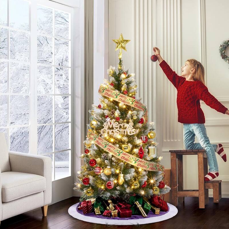 Christmas Tree, Pre-Lit 4.5 Ft Artificial Pine with LED Lights, Hinged Holiday Tree with Foldable Metal Base for Home - 4.5 Foot - Green