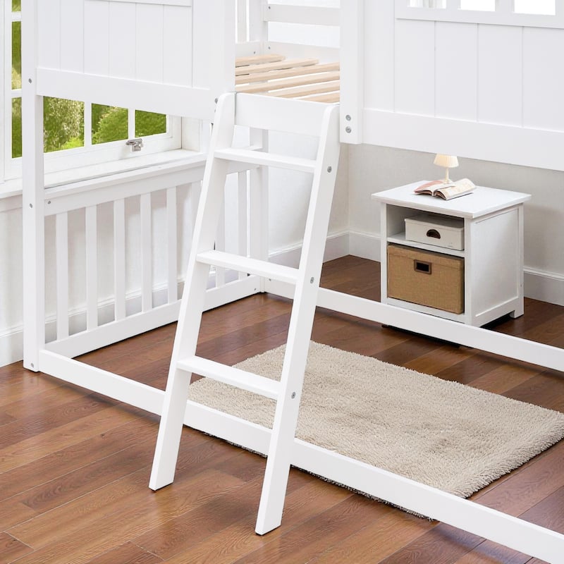 Twin Over Twin House Bunk Bed with Roof and Ladder, Solid Wood Frame, Playhouse Style Kids Bed, No Box Spring Needed