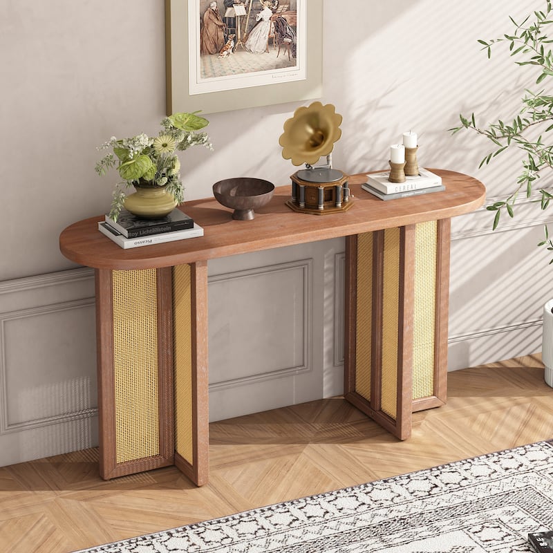 Boho Rattan Console Table, 47.8" Entryway Sofa Table with Oval Top, Narrow Hallway Table for Living Room, Entrance