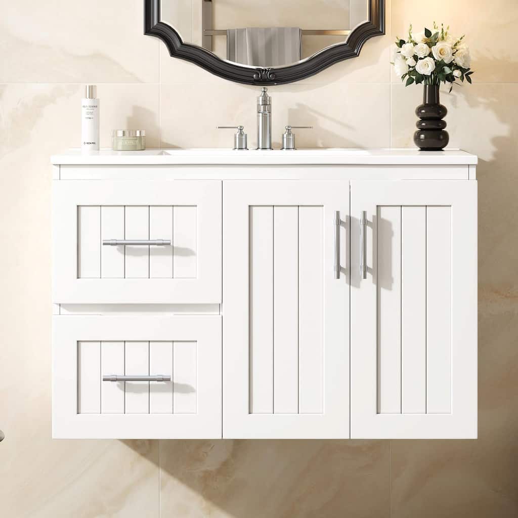 36'' Wall Mounted Bathroom Vanity - Floating Bathroom Storage Cabinet with 2 Drawers, 3 Holes Single Ceramic Sink