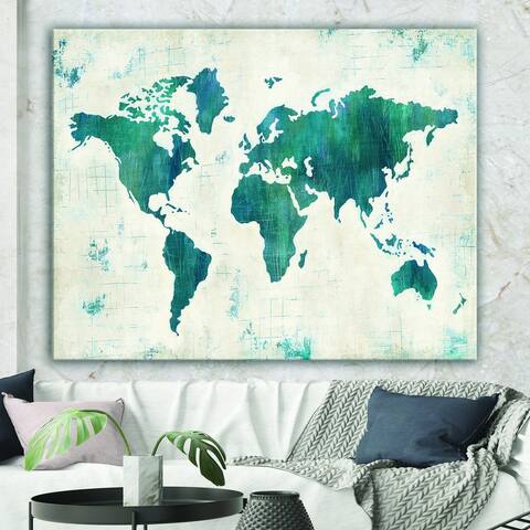 Designart 'Discover the World Map in Blue' Traditional Canvas Artwork Print - Blue