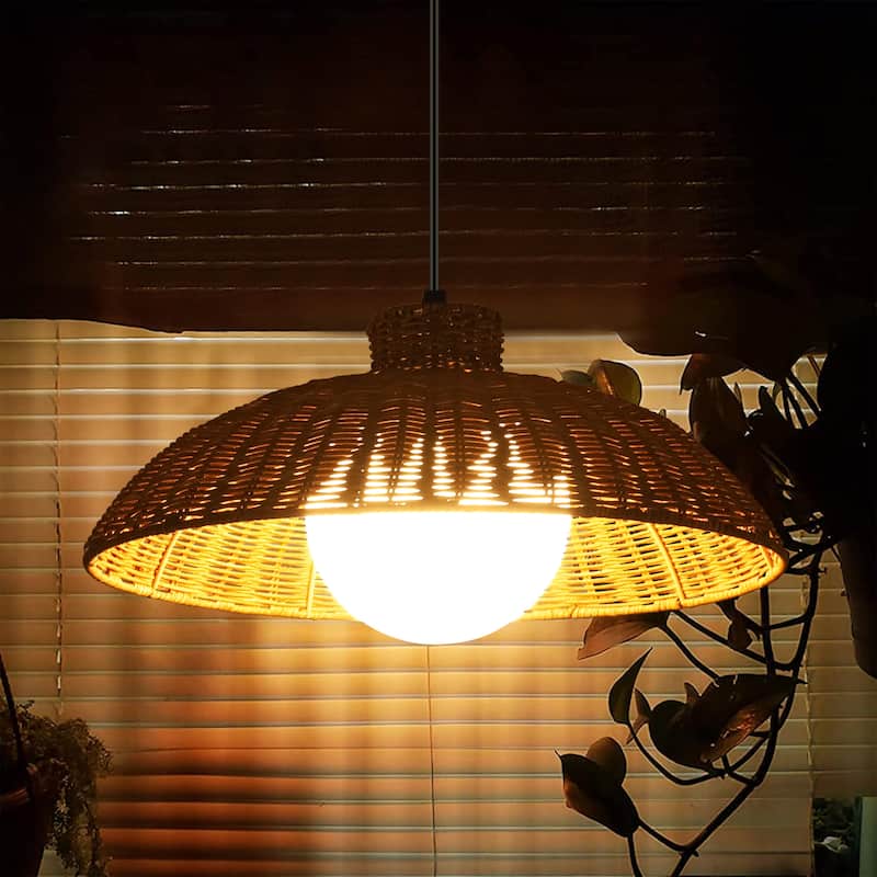 1-Light 15.7" W Farmhouse Brown Woven Rattan Dome Pendant lights for Dining Room, Living Room, Bedroom