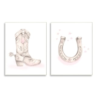 Stupell Cowboy Boot Pink Stars Horseshoe Western Theme 2 Piece Wood
