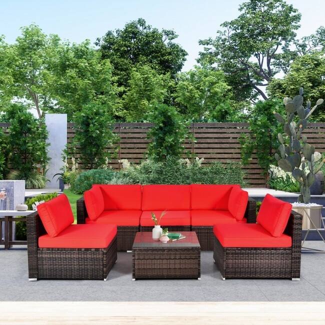 6 Pieces Patio Rattan Furniture Set with Cushions and Glass Coffee Table