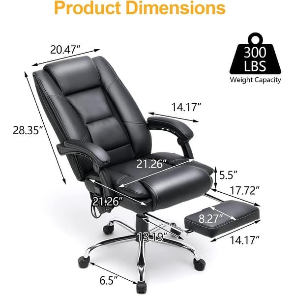 dimension image slide 10 of 11, EROMMY Heated Massage Executive Office Chair, PU Leather with Retractable Footrest