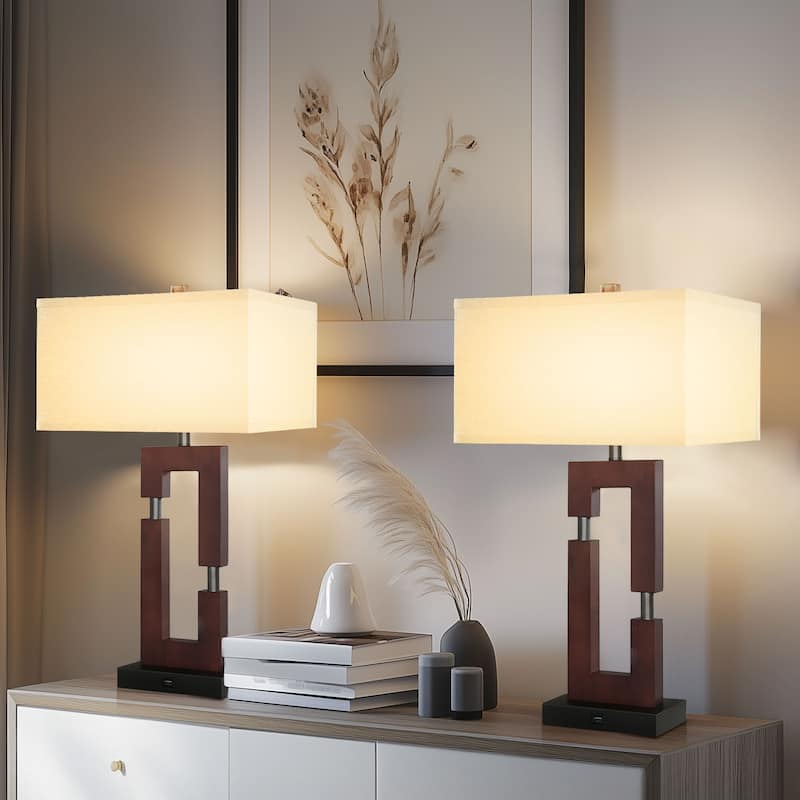 USB Wood Table Lamp With Cotton Shade Set of 2 - Reddish Brown Wood