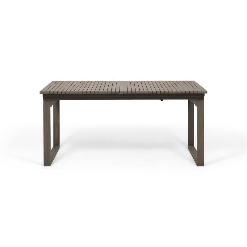 Roomfitters Outdoor Expandable Acacia Wood Dining Table with U-Shaped Legs, Traditional Slat Top, Grey