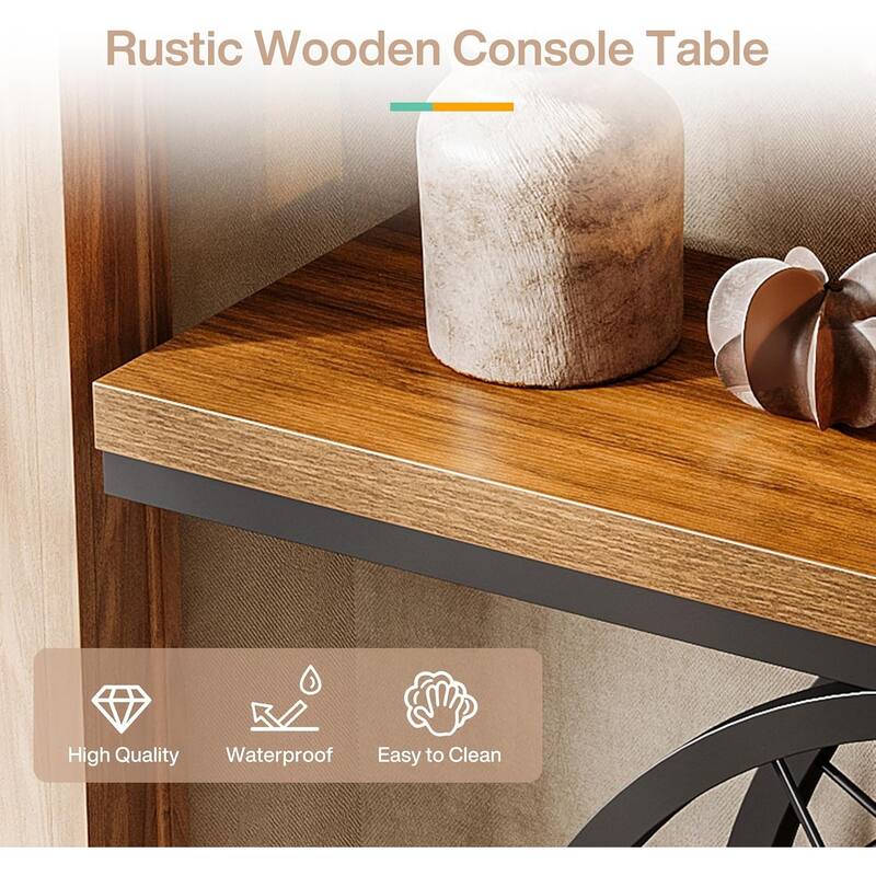 39.4" Industrial 3-Tier Console Table with Fixed Wheel Base for Living Room, Hallway, Foyer, Rustic Brown