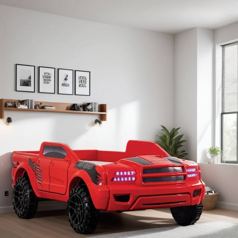 Tonie Truck Twin Bed, Interactive Lights and Sound Effects, Red ABS