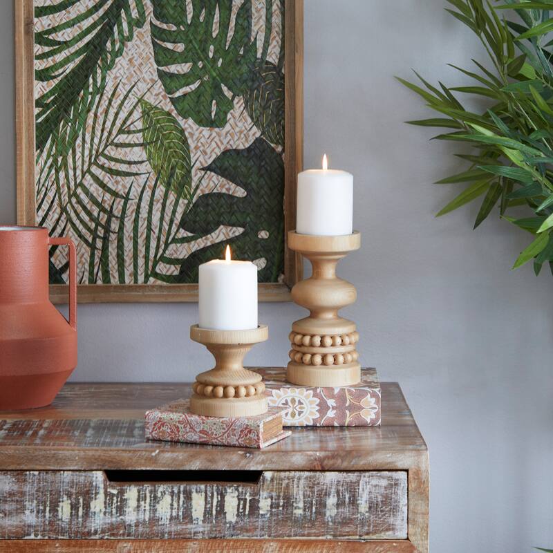 Brown or White Wood Beaded Pillar Candle Holder (Set of 2) - 3.95W x 4.00L x 8.15H - Brown - Medium
