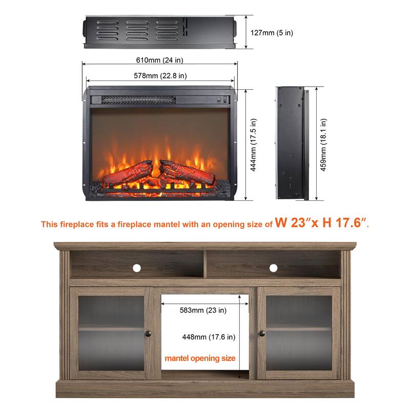 23" Electric Fireplace Insert Heater with Log Set & Realistic Flame