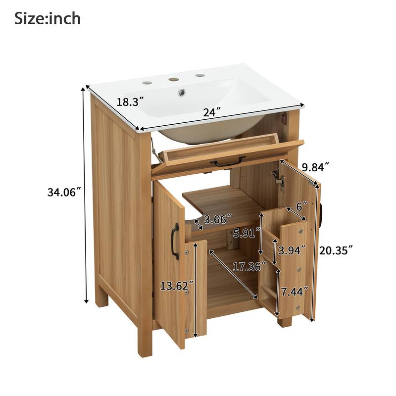 24'' Bathroom Vanity with Ceramic Sink, Solid Wood Frame, Flip Drawer, 2 Soft-Close Doors & Adjustable Shelf