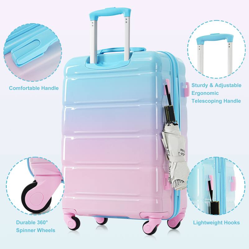 3-Piece, 20-Inch Modern Hard Shell Luggage with USB Port and Spinner Wheels, for Boarding Travel, Blue+Pink