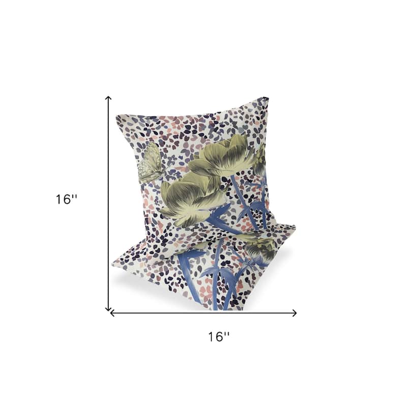 HomeRoots Set of Two 16" X 16" Blue and Yellow Butterfly Blown Seam Floral Indoor Outdoor Throw Pillow