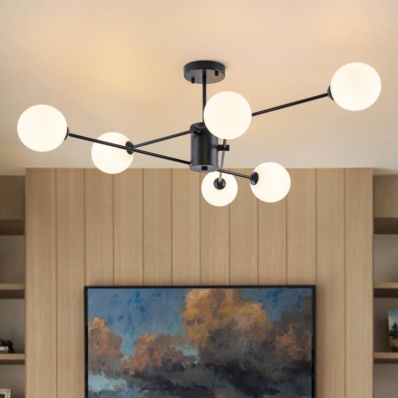 Linear Sputnik Frosted Glass Globe Semi Flush Chandelier - Black