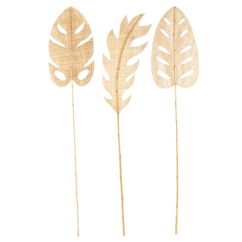 Light Brown Bamboo Wood Handmade Tall Woven Palm Leaf Leaf Home Decor Natural Foliage with Varying Shapes (Set of 3)
