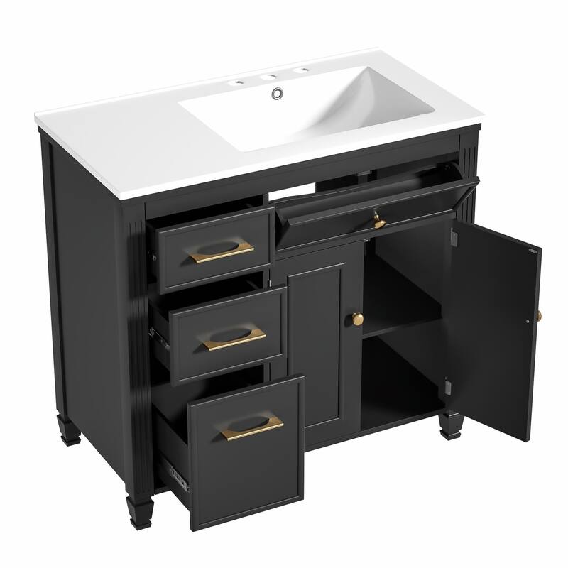 36" Bathroom Vanity with Sink, Ceramic Sink, One Tip-out Drawer, 3 Side Drawers