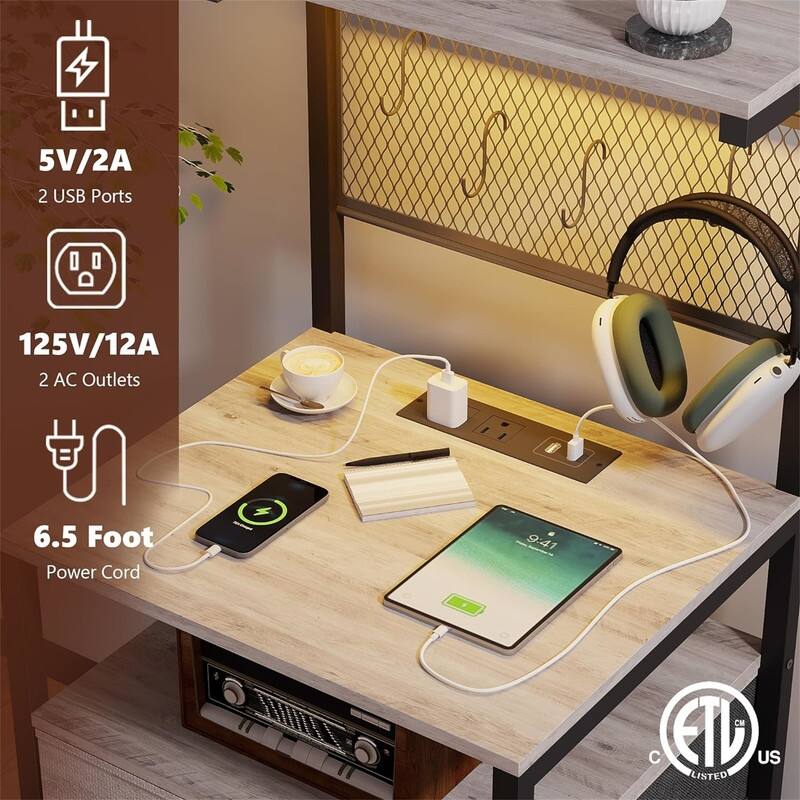 Nightstand Set of 2 with Charging Station and LED Lights