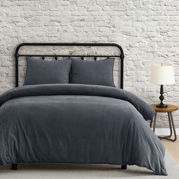 slide 2 of 7, Hiend Accents Stonewashed Cotton Canvas Vintage Chic 3 Piece Duvet Cover Set Charcoal - Twin