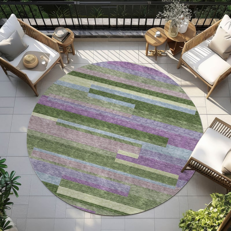 Machine Washable Indoor/ Outdoor Modern Stripes Chantille Rug - Cactus - 8' x 8'