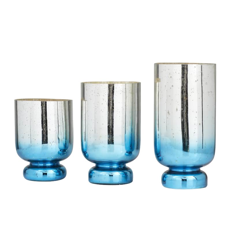 Glass Pillar Hurricane Lamp with Ombre Effect and Gold Interior - Set of 3 Silver, White, Blue - Roche River Decor