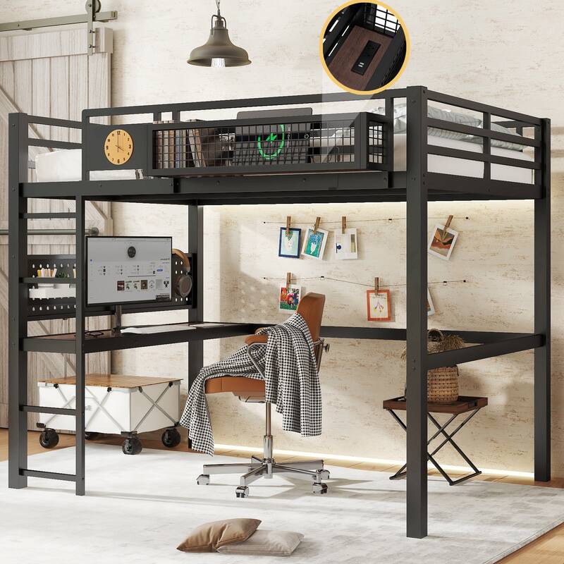 Metal Loft Bed with Desk & Storage Basket, Includes Alarm Clock & Charging Port, Queen/Full/Twin XL - Black - Full