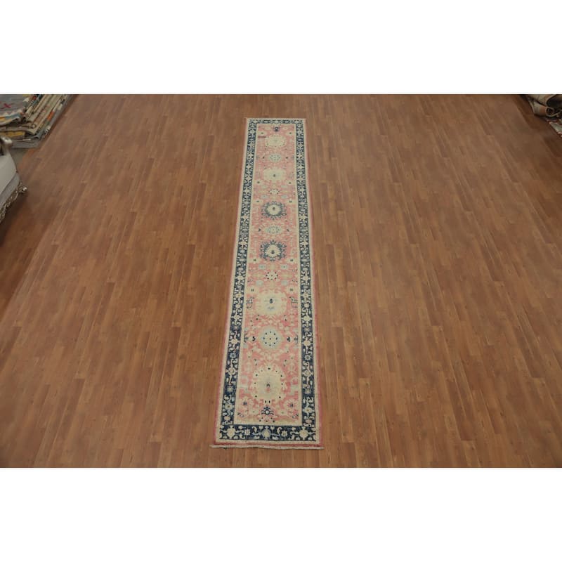 Hand Knotted Oriental 100% Wool Carpet Traditional All-Over Pink Ziegler Runner Rug - 14' 6'' X 2' 7''