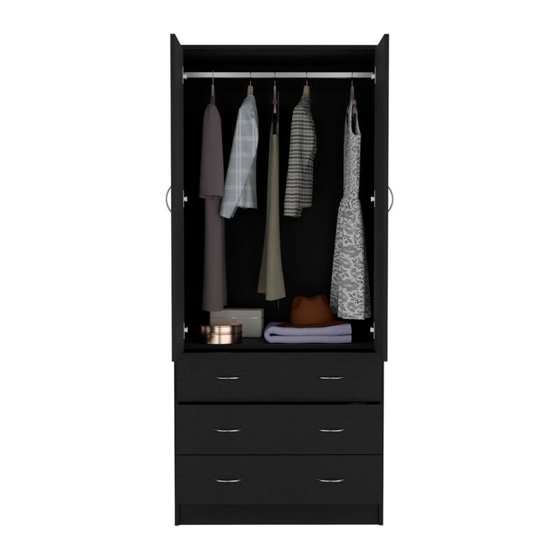19" Modern Double-door Armoire with Integrated Hanging Rod and Storage Drawers