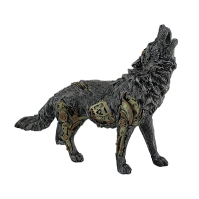 Steampunk Style Howling Gray Wolf Resin Statue 13.25 Inches Long - 10.75 X 13.25 X 3.25 inches