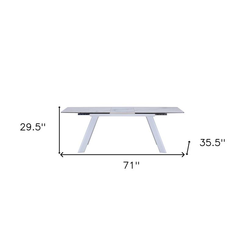 HomeRoots 71" Gray and White Ceramic and Metal Self-Storing Leaf Extendable Dining Table - 71.00 in. x 29.50 in. x 35.50 in.