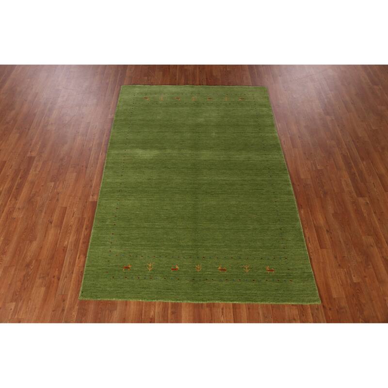 Hand Knotted Oriental 100% Wool Carpet Tribal Animal Pictorial Green Gabbeh Area Rug - 7' 6'' X 5' 2''