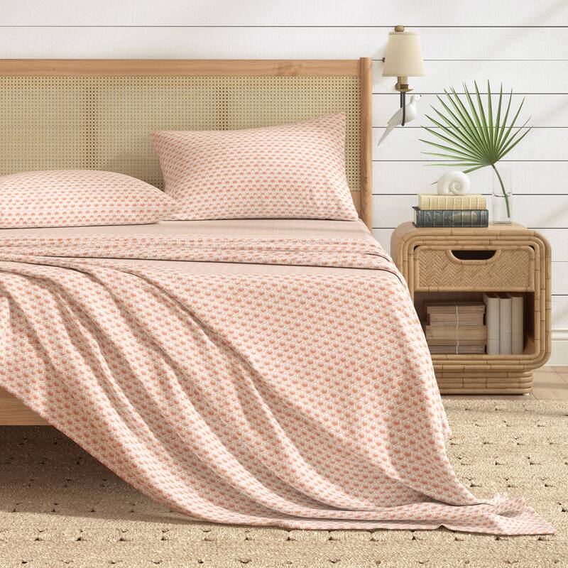 Patina Vie Maison Brushed Microfiber Charming Coastal Sheet Set - Queen - Scallop Shell - Coral