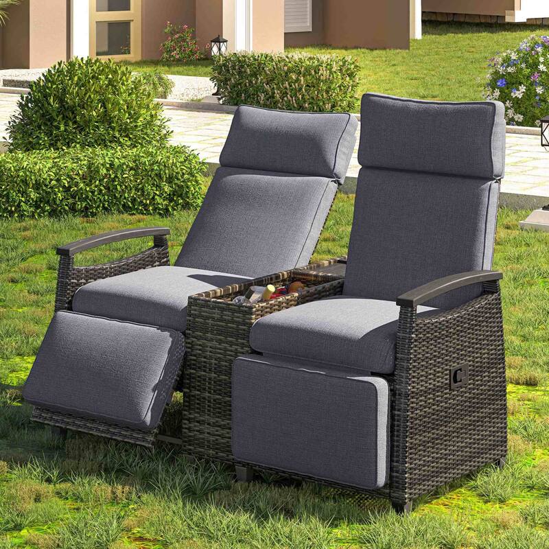 Patio Recliner Loveseat Chair with Adjustable Backrest and Storage Table