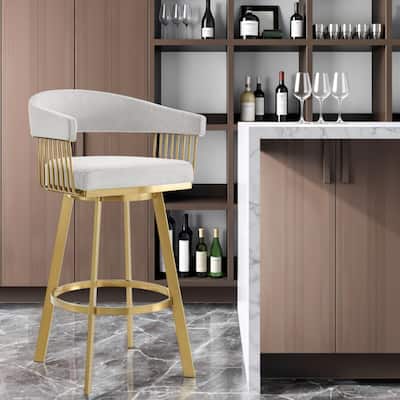 HomeRoots 30" Silver and Gold Fabric and Stainless Steel Low Back Bar Height Swivel Bar Chair