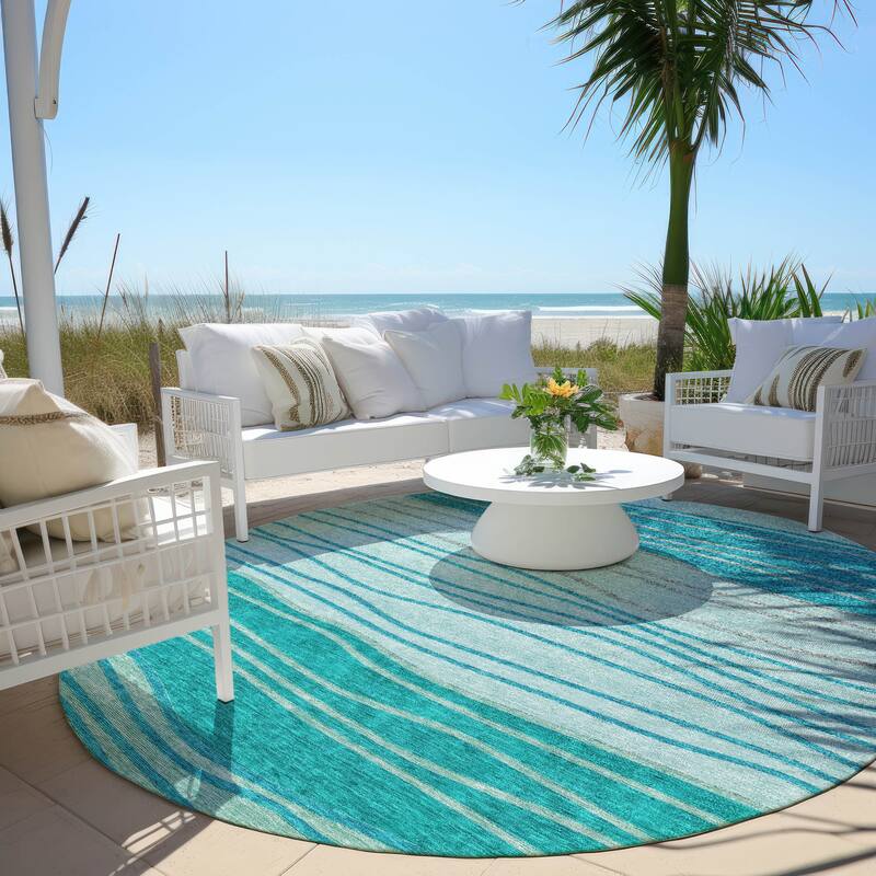 Machine Washable Indoor/ Outdoor Chantille Modern Stripes Rug - Sky - 8' x 8'