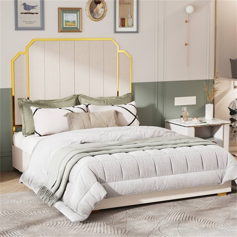 Queen Size Bed Frame and 59.06" Headboard with Golden Plating Trim