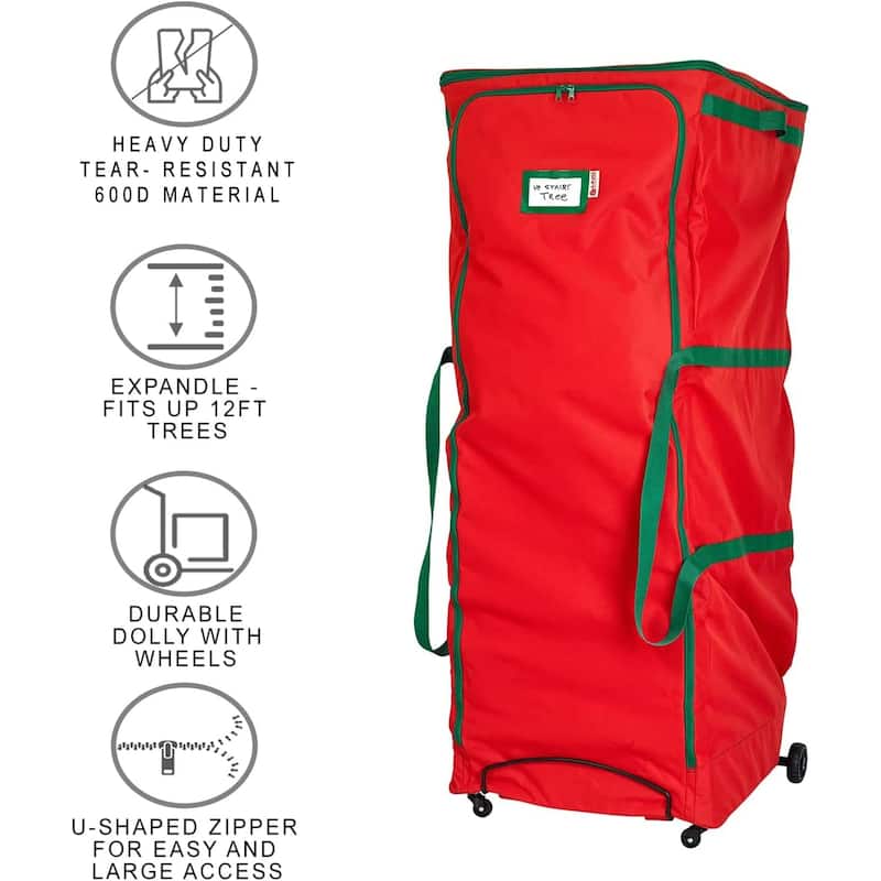Rolling Christmas Tree Storage Bag with Wheels XXL - Fits Up to 12 Feet Artificial Tree - Red