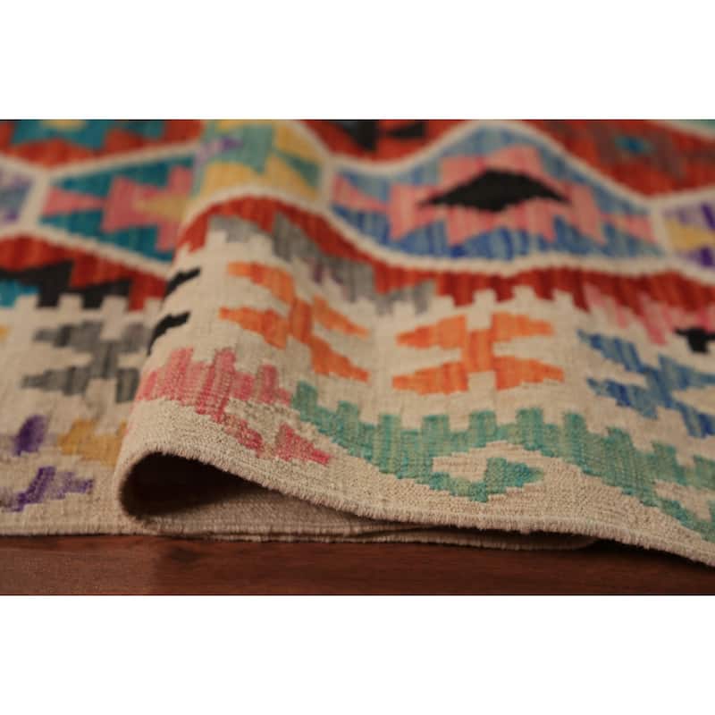 Orange Geometric Kilim Oriental Area Rug Hand-Woven Wool Carpet - 8'10"x 9'10"