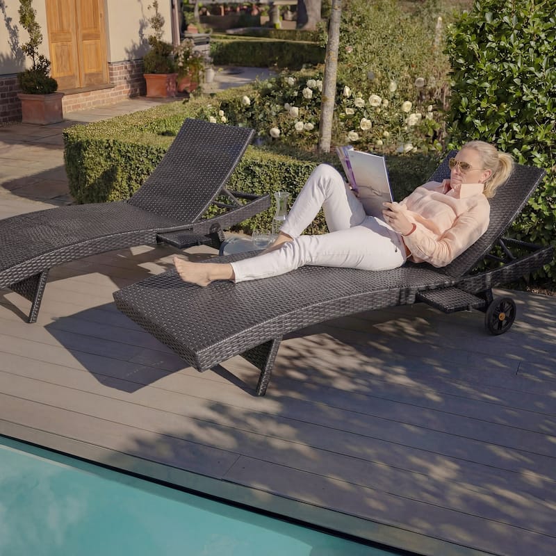 80"Patio Chaise Lounge Chairs Set of 2, Rattan Reclining Chair w/Rolling Wheels & Pull-out Side Table, Adjustable Backrest