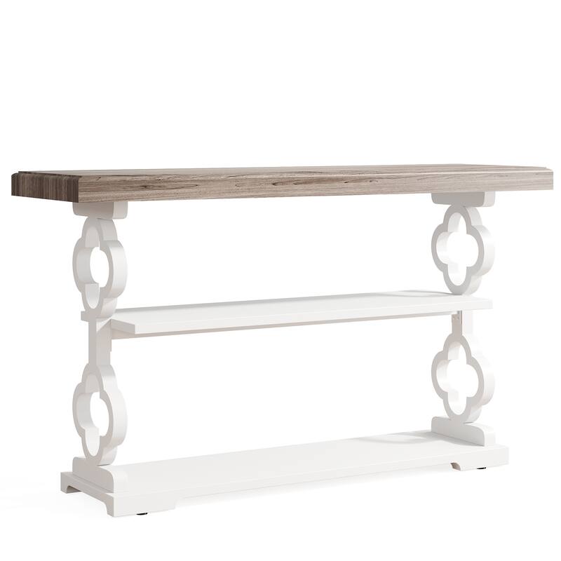 55" French Country Console Table - Farmhouse Sofa Table with 3 Storage Shelves, Grey & White Entryway Table for Hallway