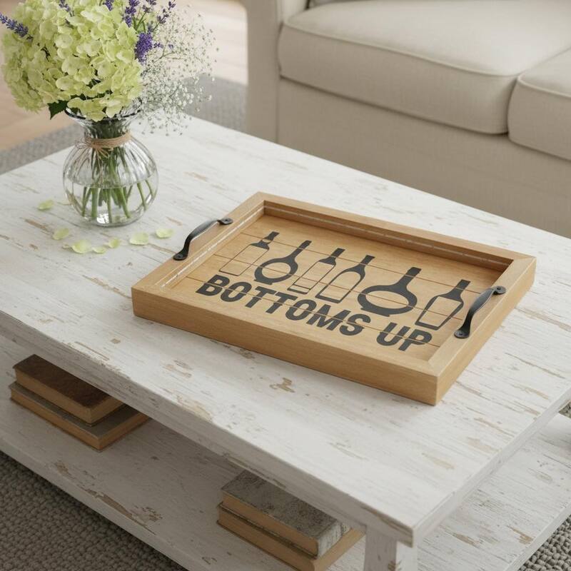 HomeRoots 16" Natural And Black Bottoms Up Serving Tray With Handles And LED Lights - 15.50 in. x 2.25 in. x 12.00 in. - Black/Natural - 15.50 in. x 2.25 in. x 12.00 in.