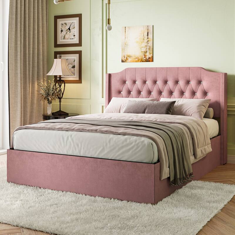 Roomfitters Tufted Wingback Queen Bed Frame with Crystal Button Accents and Under-Bed Storage