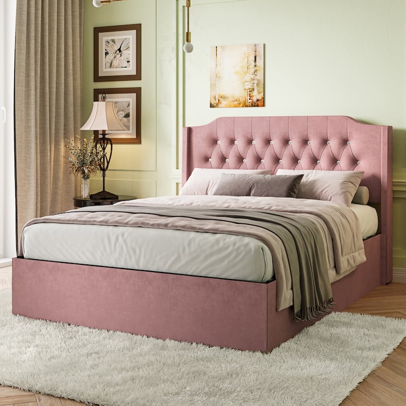 Crystal Button Accents Wingback Tufted Headboard Bed Frame, Platform Bed with Under-Bed Storage Space, Wood Low Profile Bed - Pink - Queen