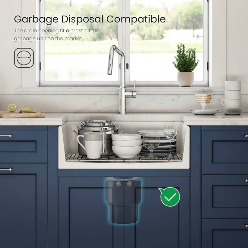 White Fireclay Farmhouse Undermount Kitchen Sink with Bottom Grid and Strainer