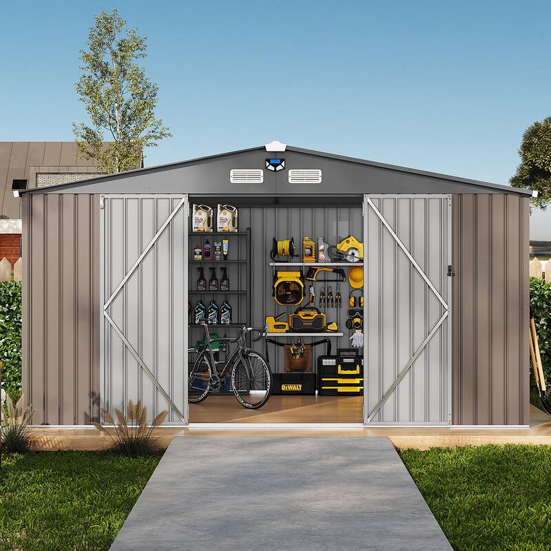 10x12FT Outdoor Metal Storage Shed with Lockable Door, Vents, Windows & Solar Light