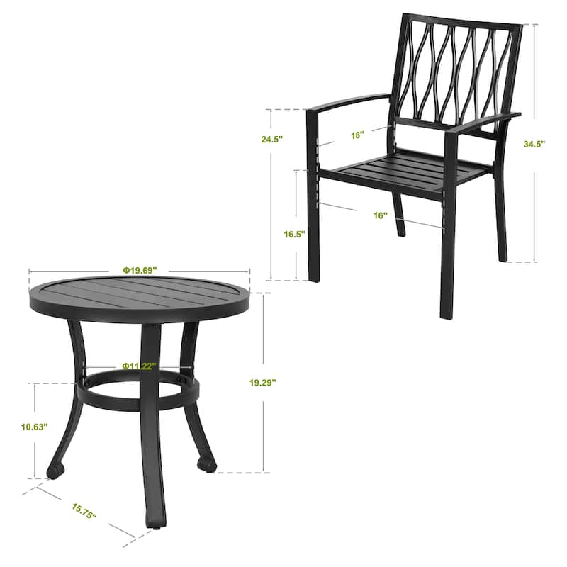 Outdoor 3-Piece Iron Bistro Set, Powder-Coated Finish, Black