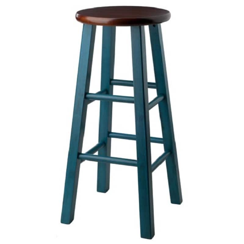 29" teal blue round counter barstool with walnut seat