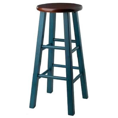 29" teal blue round counter barstool with walnut seat