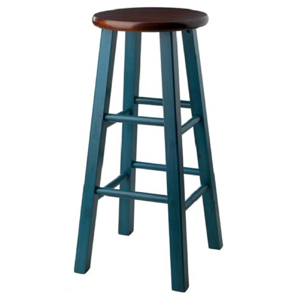29" teal blue round counter barstool with walnut seat